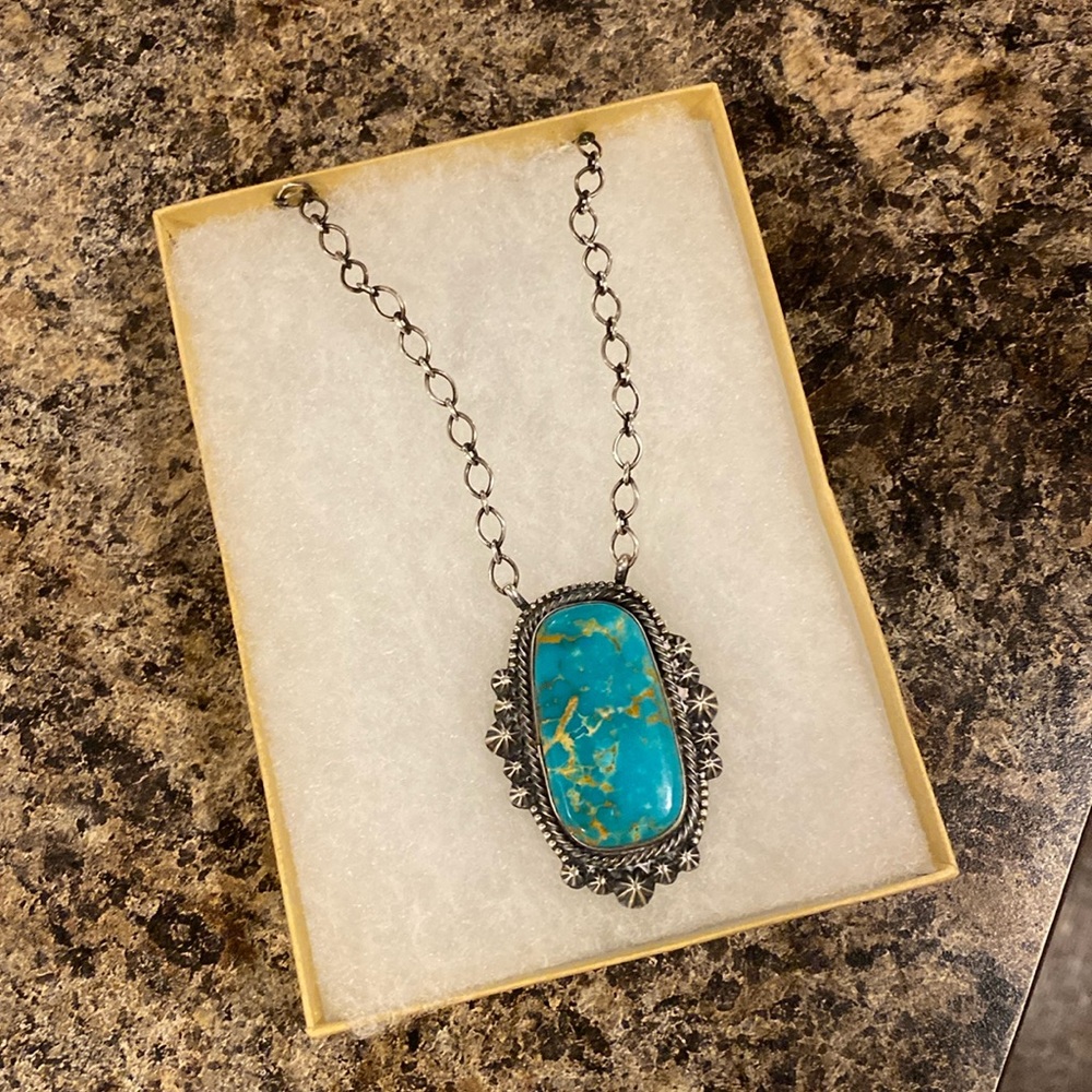Royston TurquoiseStone Pendant Necklace sterling Silver Navajo Necklace